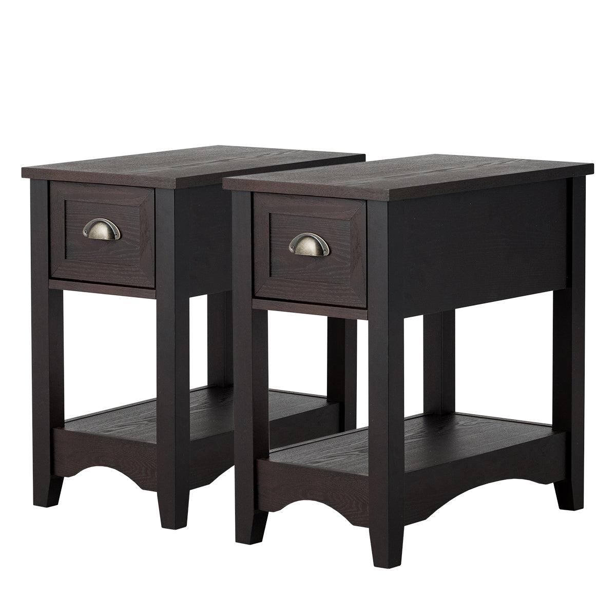 2 Pieces Retro Narrow Tiered End Table with Drawer and Storing Shelf-Brown-End & Side Tables-DECOROLALA