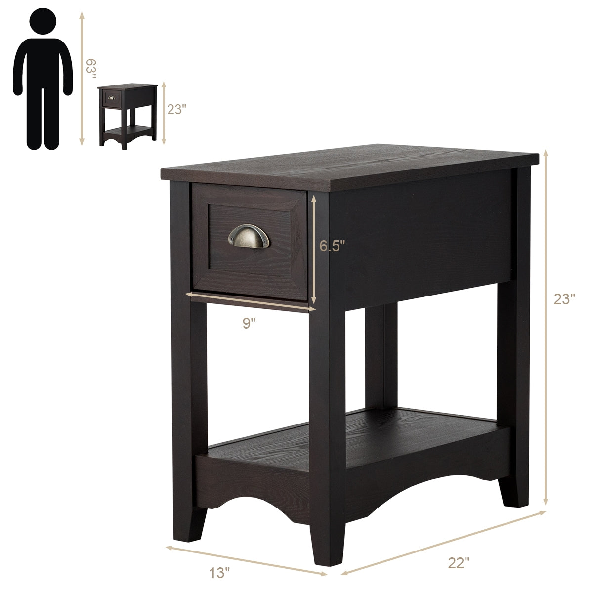 2 Pieces Retro Narrow Tiered End Table with Drawer and Storing Shelf-Brown-End & Side Tables-DECOROLALA