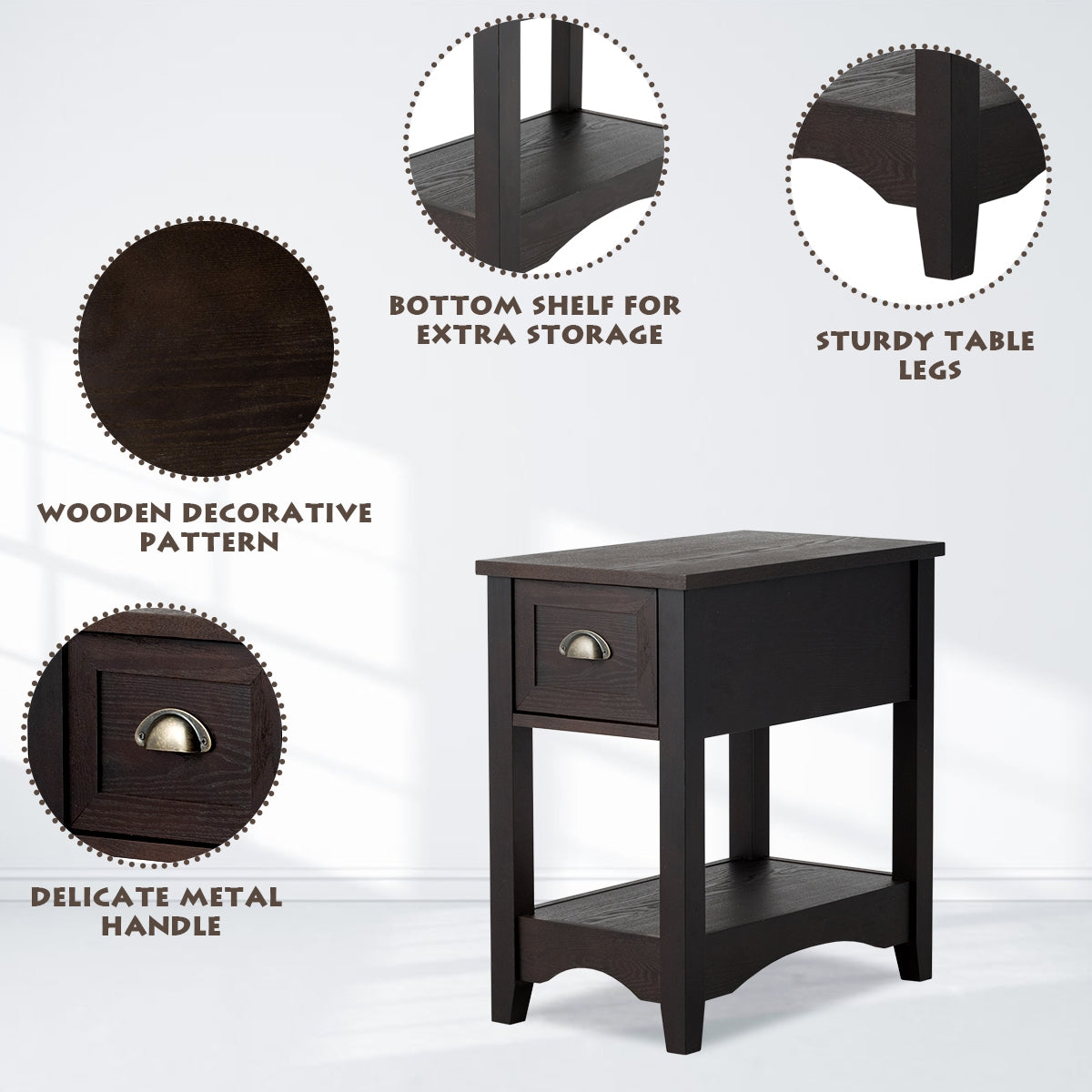2 Pieces Retro Narrow Tiered End Table with Drawer and Storing Shelf-Brown-End & Side Tables-DECOROLALA