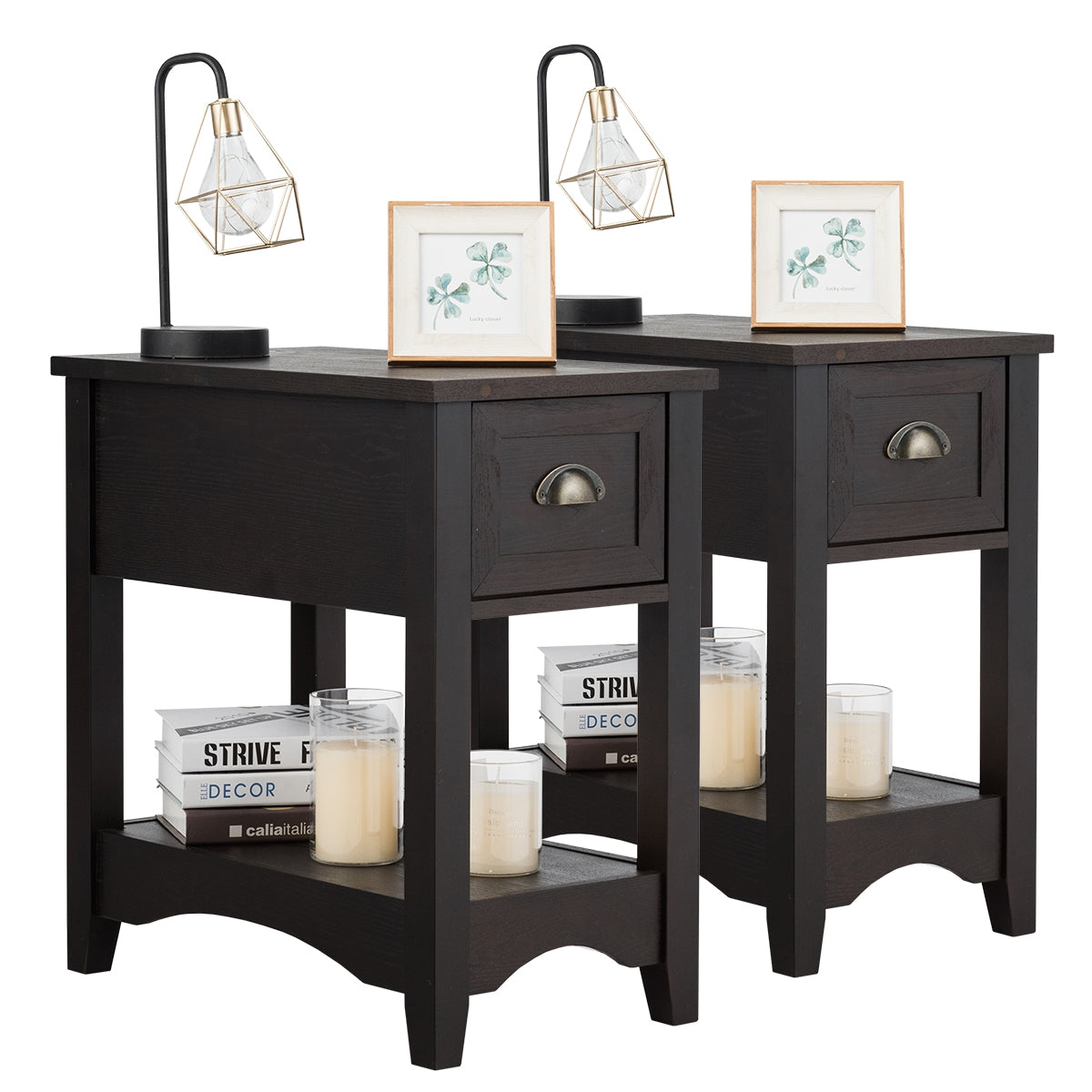 2 Pieces Retro Narrow Tiered End Table with Drawer and Storing Shelf-Brown-End & Side Tables-DECOROLALA