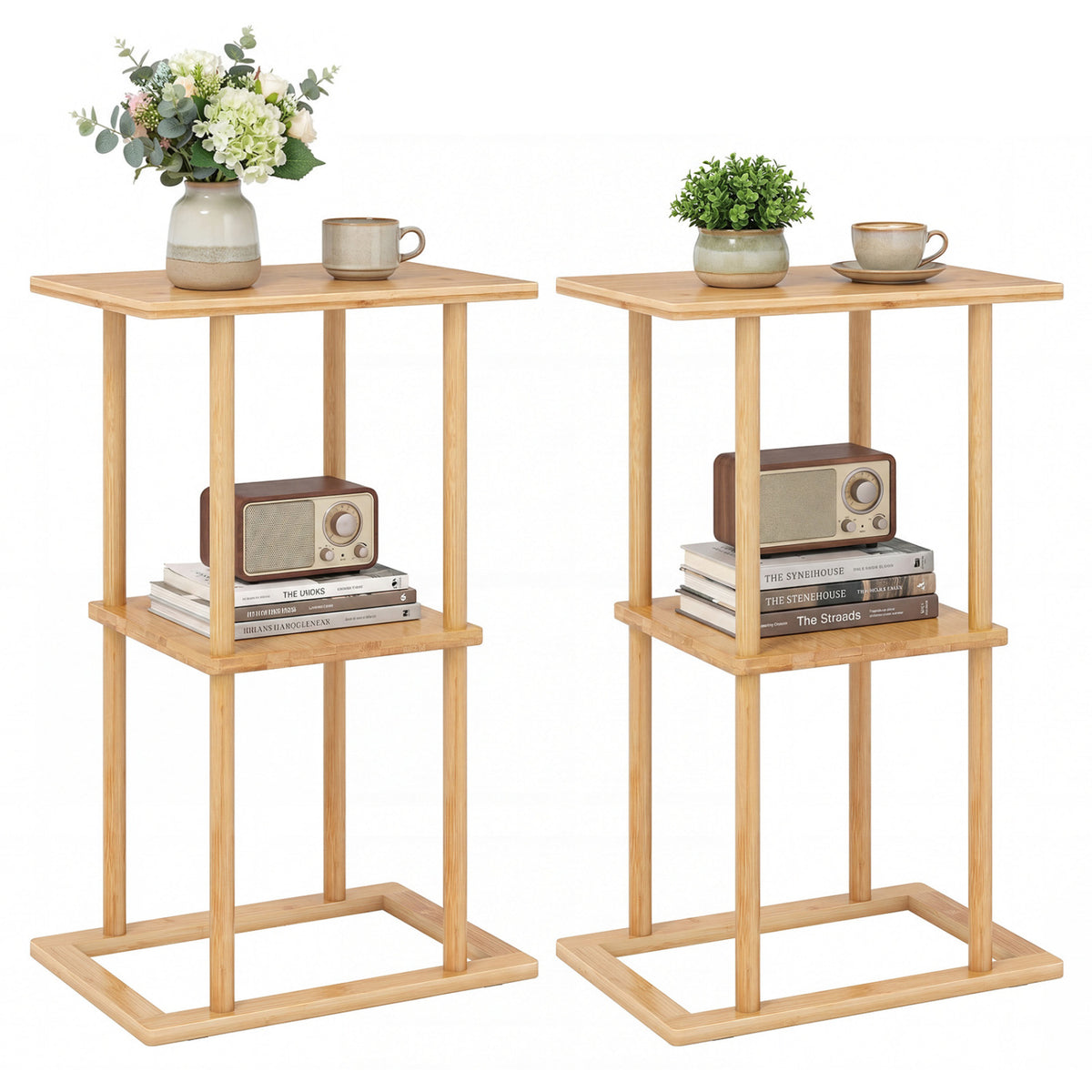 2 Pieces Side Table with Storage Shelves and Bamboo Construction-Natural-End & Side Tables-DECOROLALA