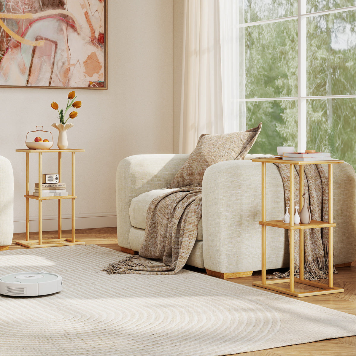 2 Pieces Side Table with Storage Shelves and Bamboo Construction-Natural-End & Side Tables-DECOROLALA