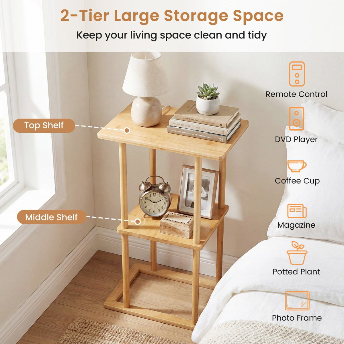 2 Pieces Side Table with Storage Shelves and Bamboo Construction-Natural-End & Side Tables-DECOROLALA