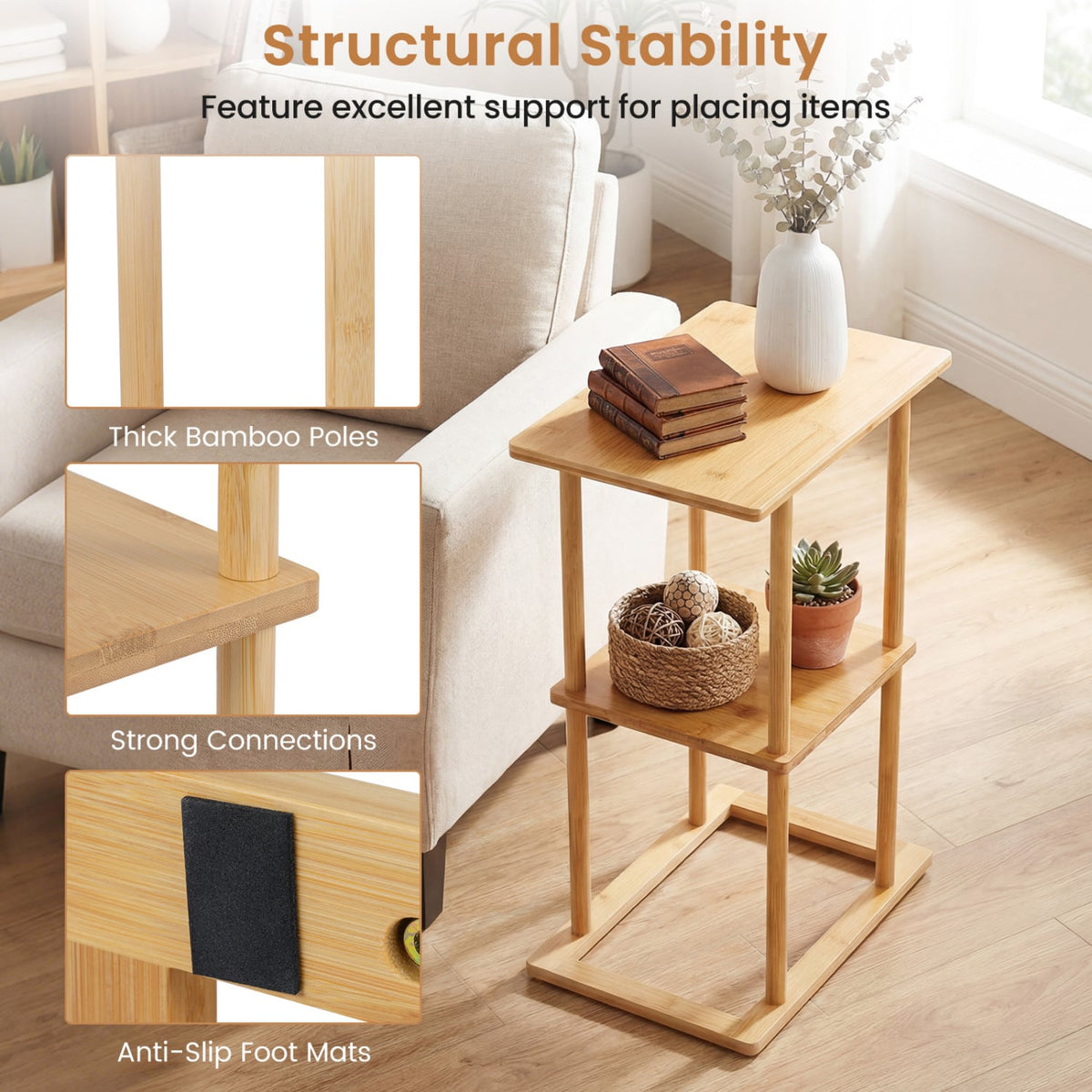 2 Pieces Side Table with Storage Shelves and Bamboo Construction-Natural-End & Side Tables-DECOROLALA