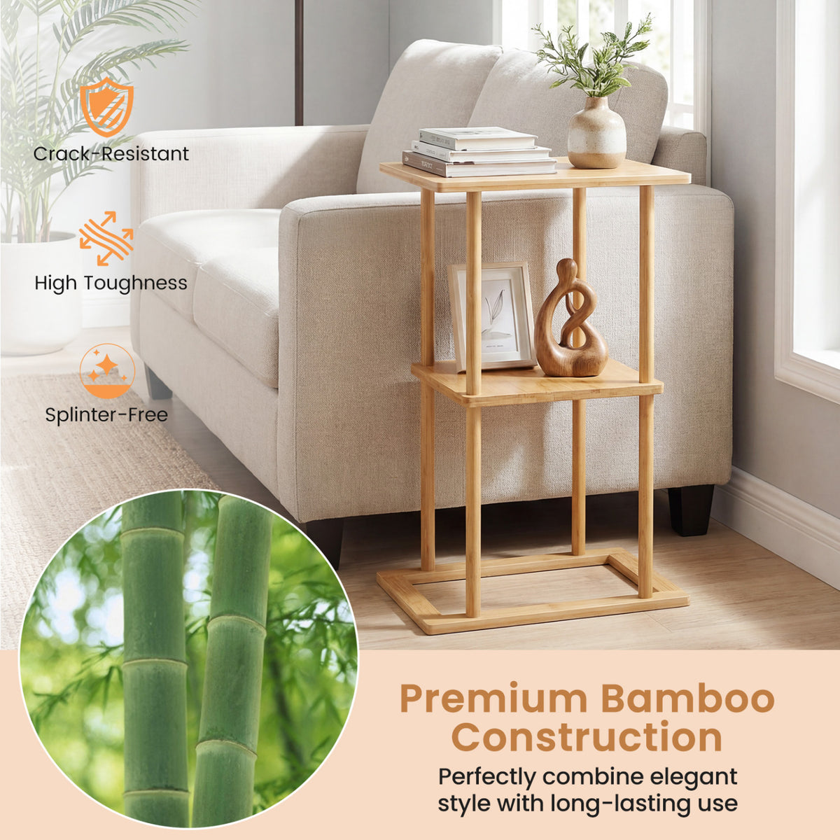 2 Pieces Side Table with Storage Shelves and Bamboo Construction-Natural-End & Side Tables-DECOROLALA