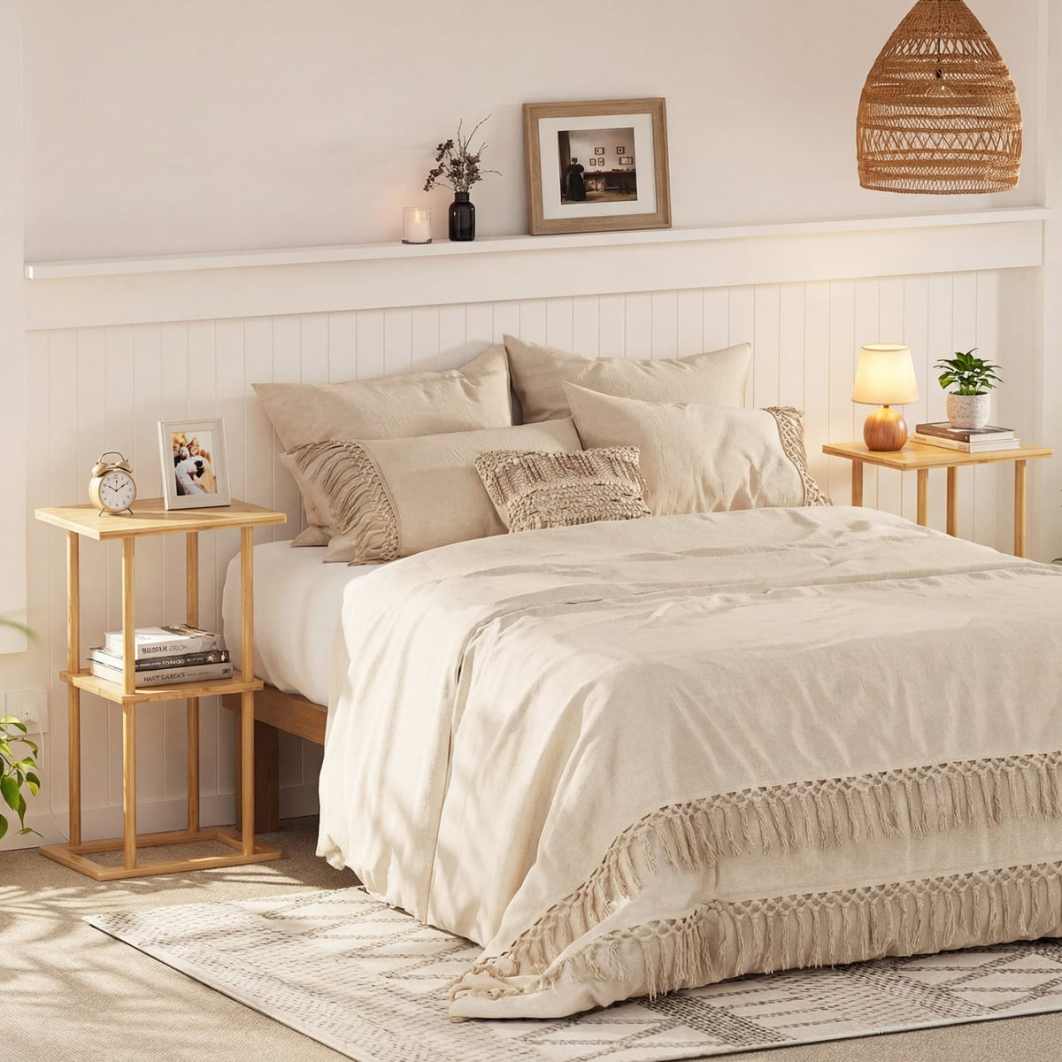 2 Pieces Side Table with Storage Shelves and Bamboo Construction-Natural-End & Side Tables-DECOROLALA