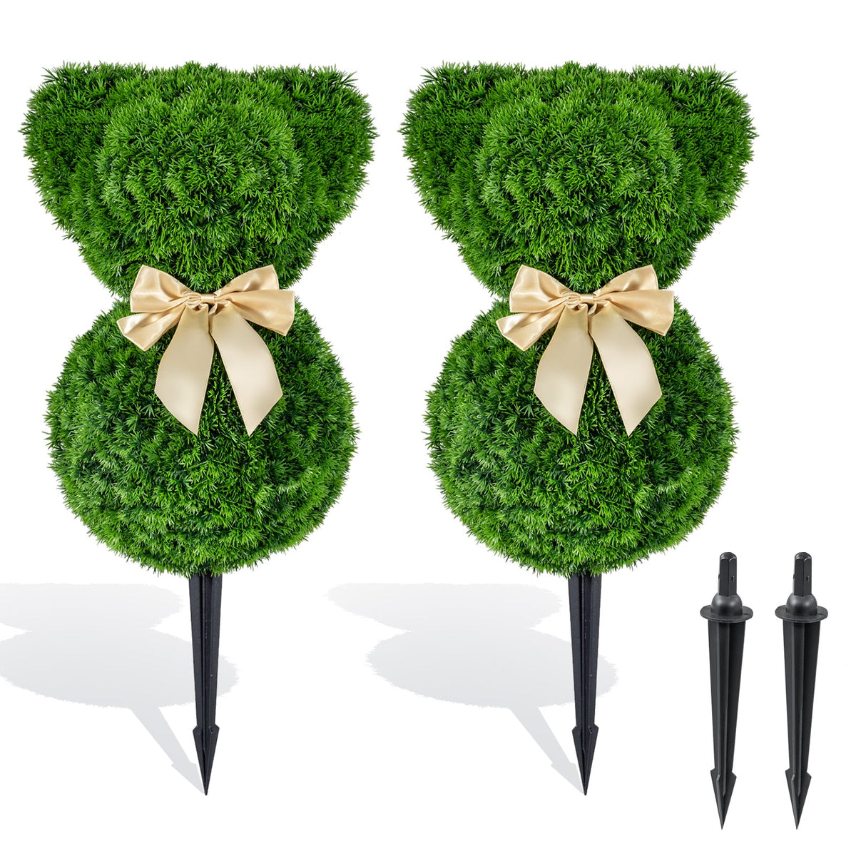 2 Pieces Teddy Bear Topiary Trees Sun-resistant Faux Boxwood Plants with Bowknot-Artificial Plants-DECOROLALA