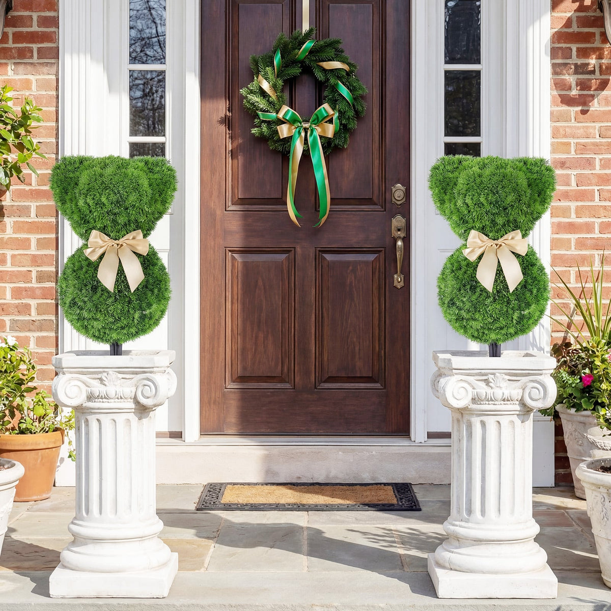 2 Pieces Teddy Bear Topiary Trees Sun-resistant Faux Boxwood Plants with Bowknot-Artificial Plants-DECOROLALA