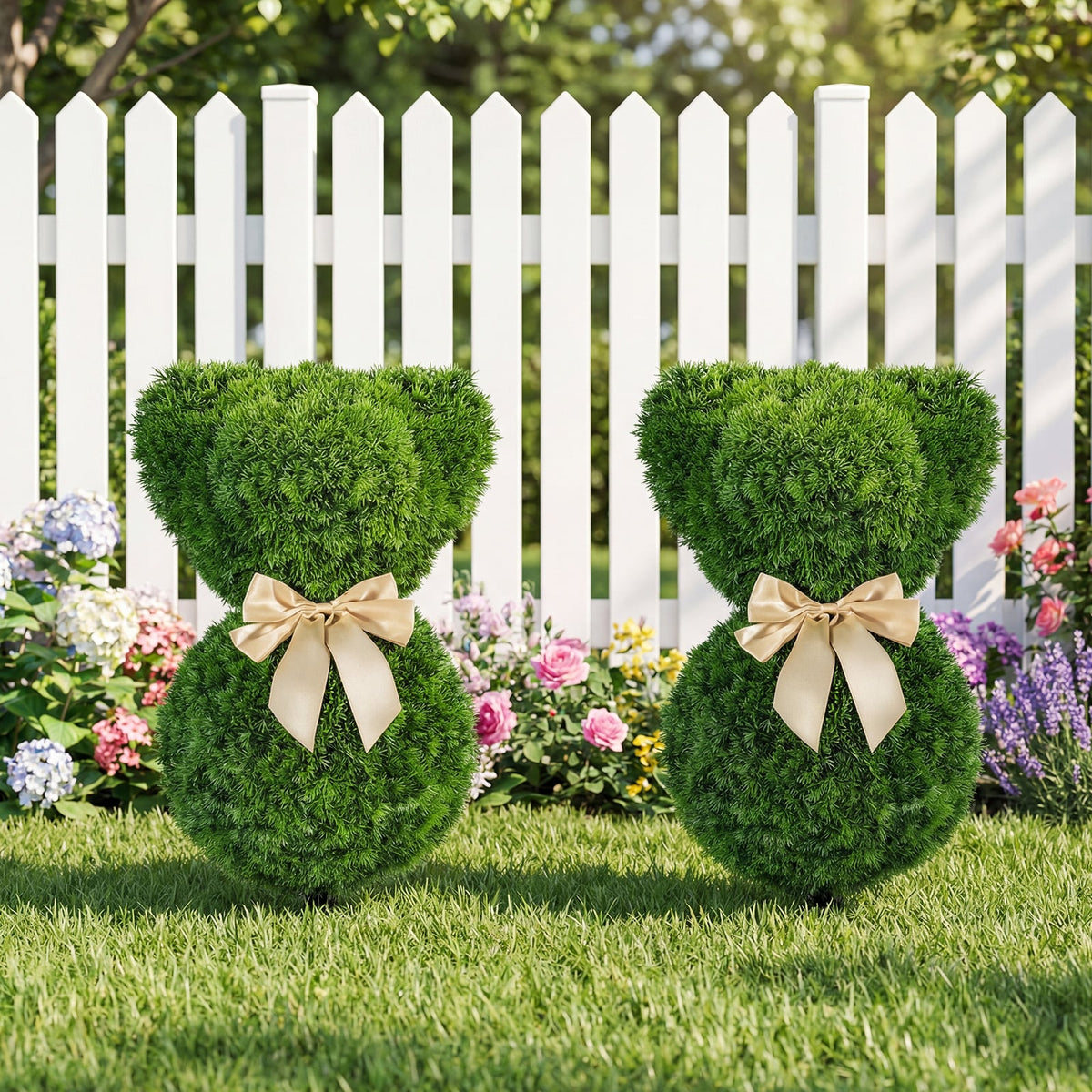 2 Pieces Teddy Bear Topiary Trees Sun-resistant Faux Boxwood Plants with Bowknot-Artificial Plants-DECOROLALA
