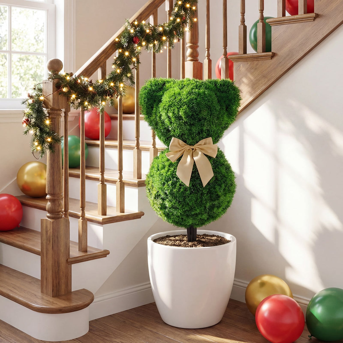2 Pieces Teddy Bear Topiary Trees Sun-resistant Faux Boxwood Plants with Bowknot-Artificial Plants-DECOROLALA