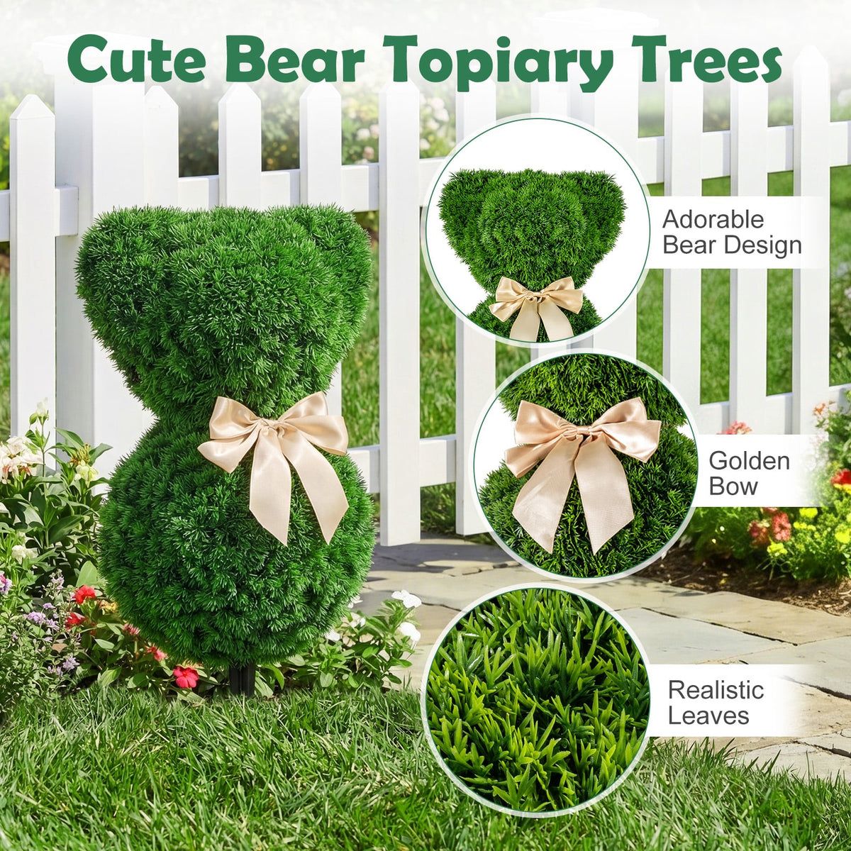 2 Pieces Teddy Bear Topiary Trees Sun-resistant Faux Boxwood Plants with Bowknot-Artificial Plants-DECOROLALA