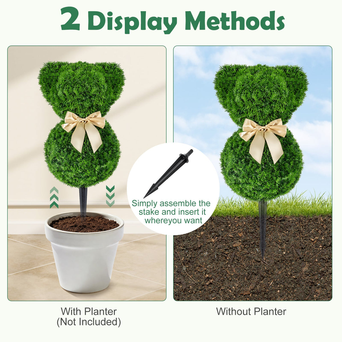 2 Pieces Teddy Bear Topiary Trees Sun-resistant Faux Boxwood Plants with Bowknot-Artificial Plants-DECOROLALA