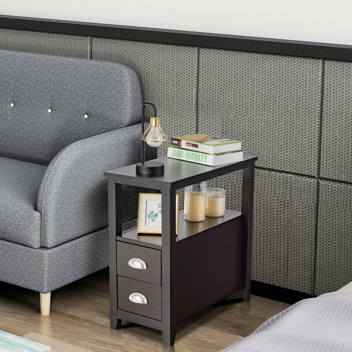 2 Pieces Wooden Bed-side Nightstand Set with 2 Drawers-Dark Brown-Nightstands-DECOROLALA