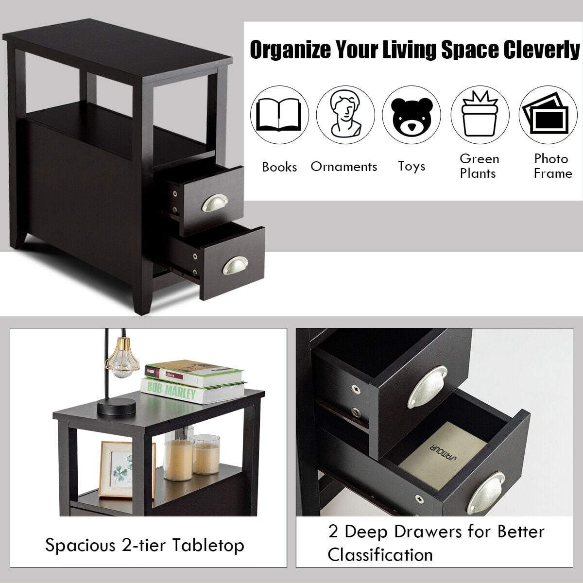 2 Pieces Wooden Bed-side Nightstand Set with 2 Drawers-Dark Brown-Nightstands-DECOROLALA