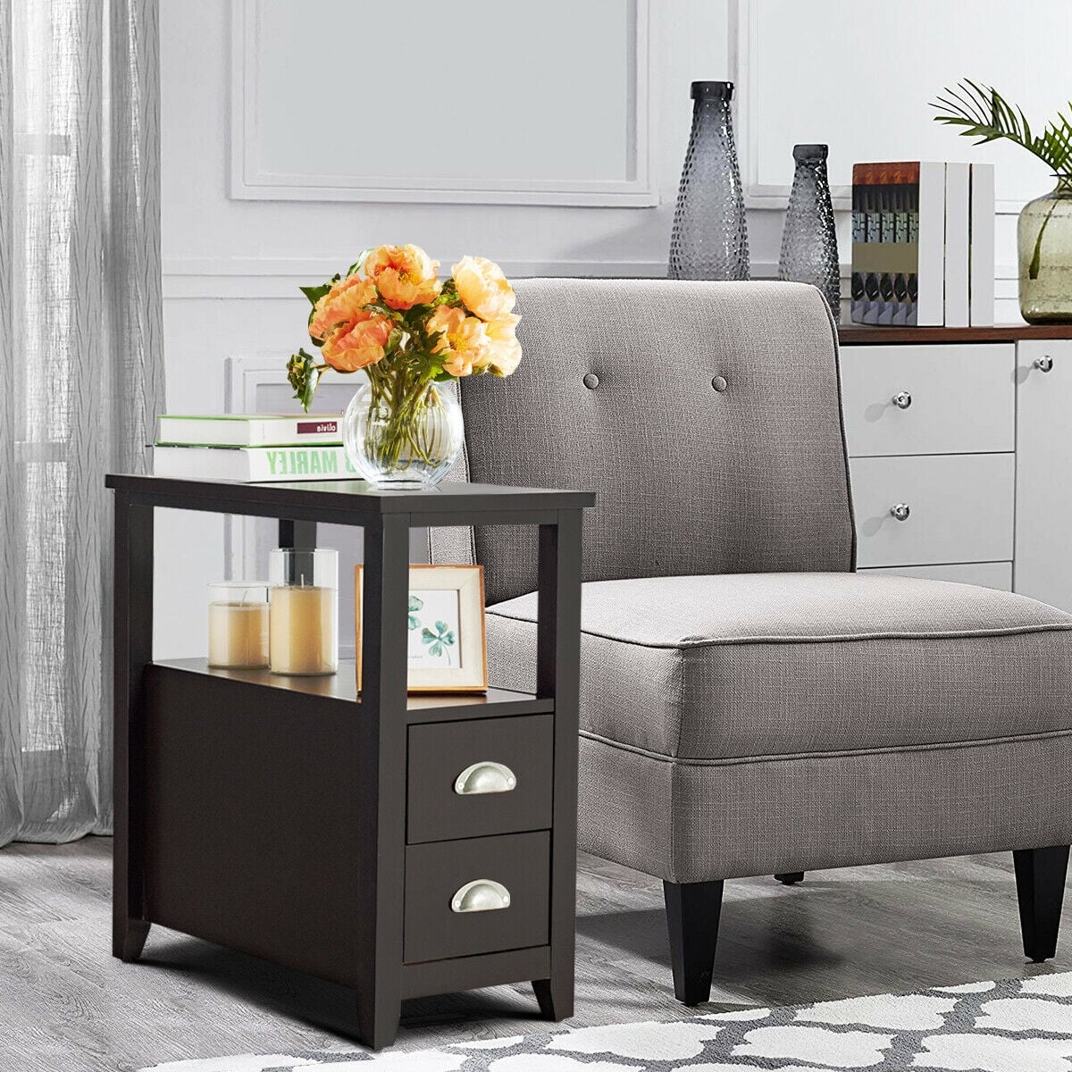 2 Pieces Wooden Bed-side Nightstand Set with 2 Drawers-Dark Brown-Nightstands-DECOROLALA
