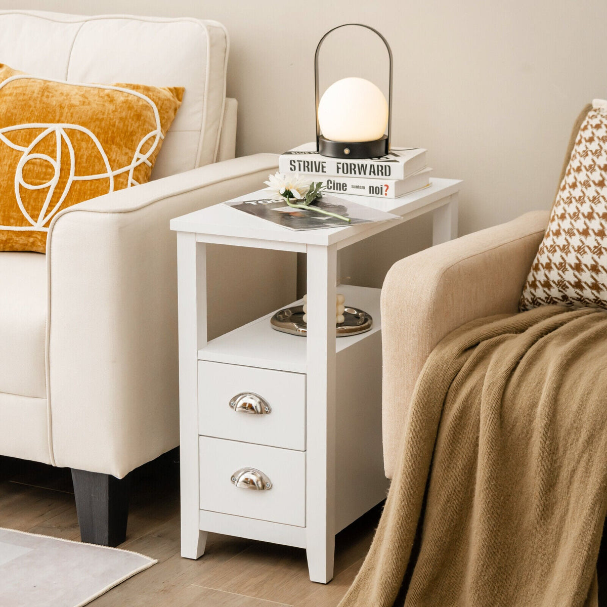 2 Pieces Wooden Bed-side Nightstand Set with 2 Drawers-White-Nightstands-DECOROLALA