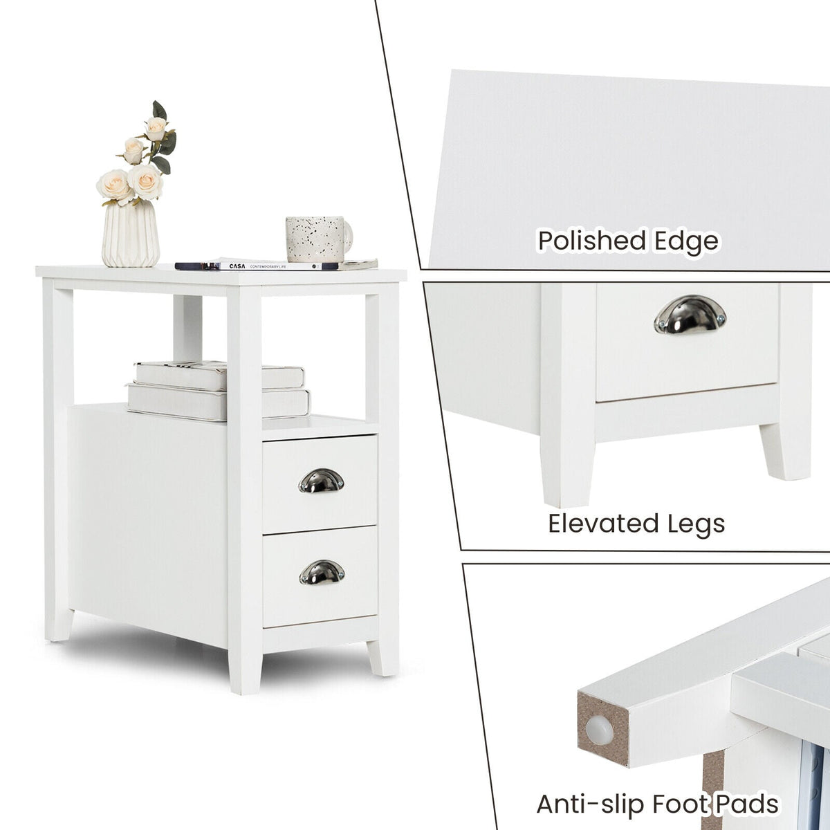 2 Pieces Wooden Bed-side Nightstand Set with 2 Drawers-White-Nightstands-DECOROLALA