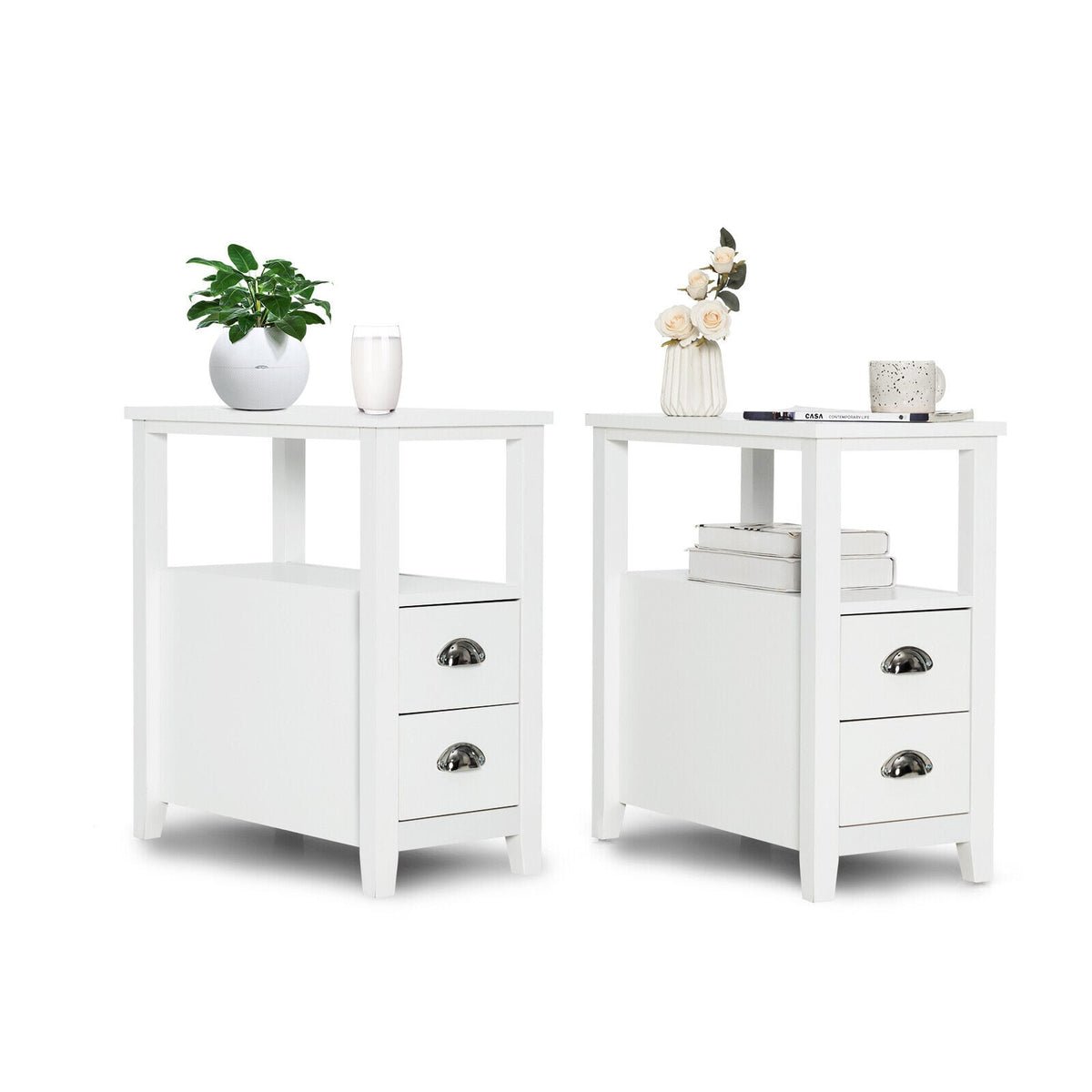 2 Pieces Wooden Bed-side Nightstand Set with 2 Drawers-White-Nightstands-DECOROLALA
