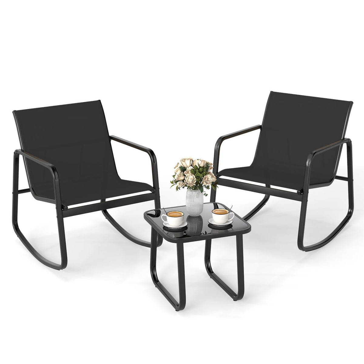 2 Rocking Bistro Chairs and Glass-Top Table for Porch Yard Balcony-Black-Patio Conversation Sets-DECOROLALA