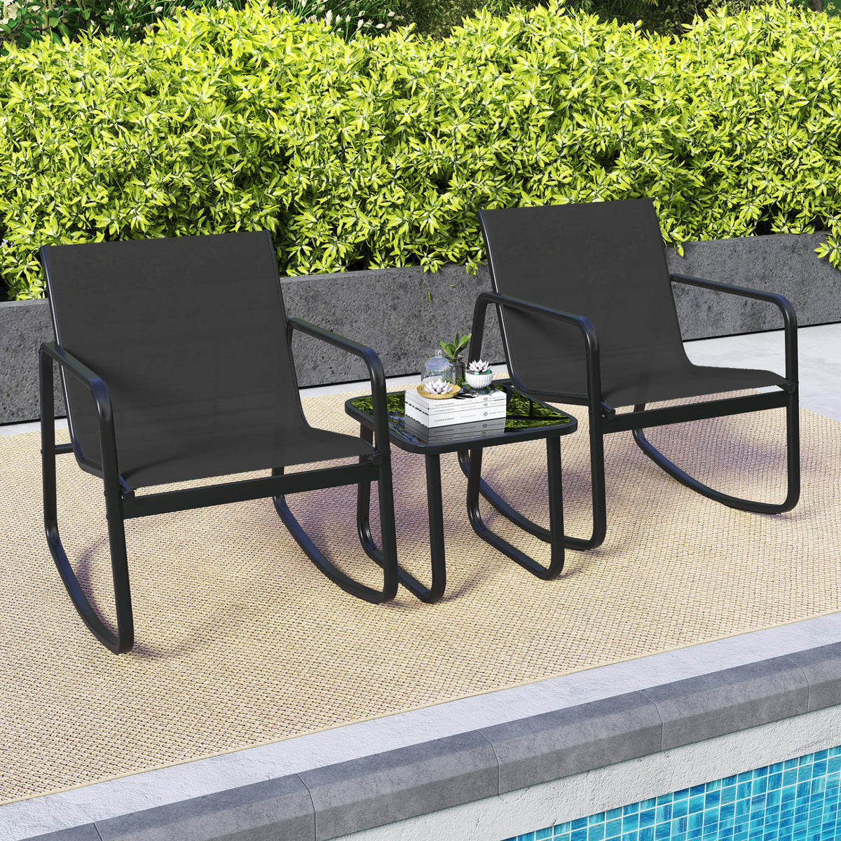 2 Rocking Bistro Chairs and Glass-Top Table for Porch Yard Balcony-Black-Patio Conversation Sets-DECOROLALA