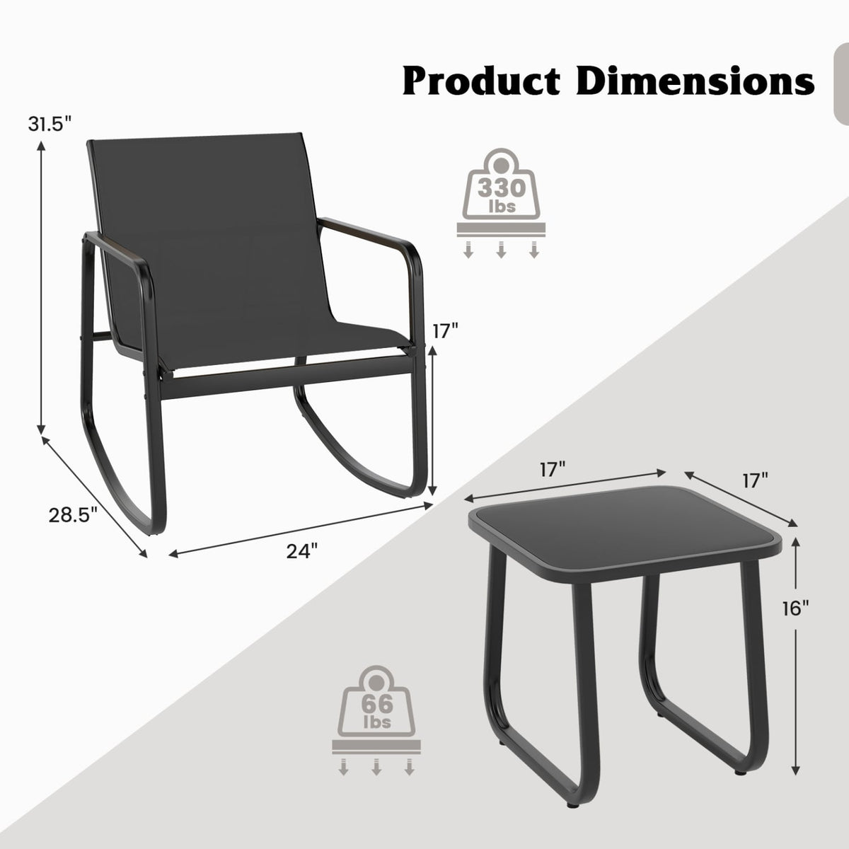 2 Rocking Bistro Chairs and Glass-Top Table for Porch Yard Balcony-Black-Patio Conversation Sets-DECOROLALA