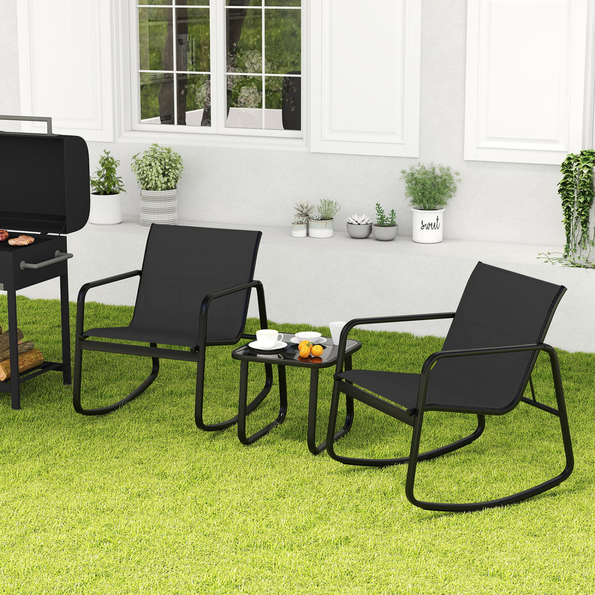 2 Rocking Bistro Chairs and Glass-Top Table for Porch Yard Balcony-Black-Patio Conversation Sets-DECOROLALA