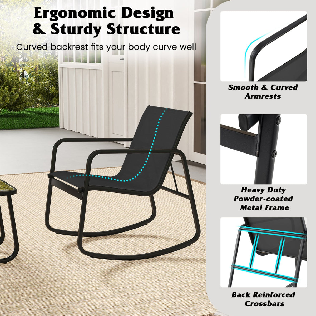 2 Rocking Bistro Chairs and Glass-Top Table for Porch Yard Balcony-Black-Patio Conversation Sets-DECOROLALA