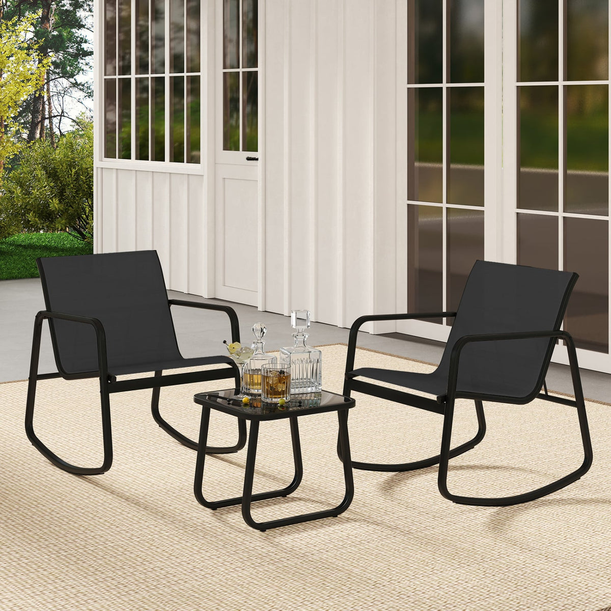2 Rocking Bistro Chairs and Glass-Top Table for Porch Yard Balcony-Black-Patio Conversation Sets-DECOROLALA