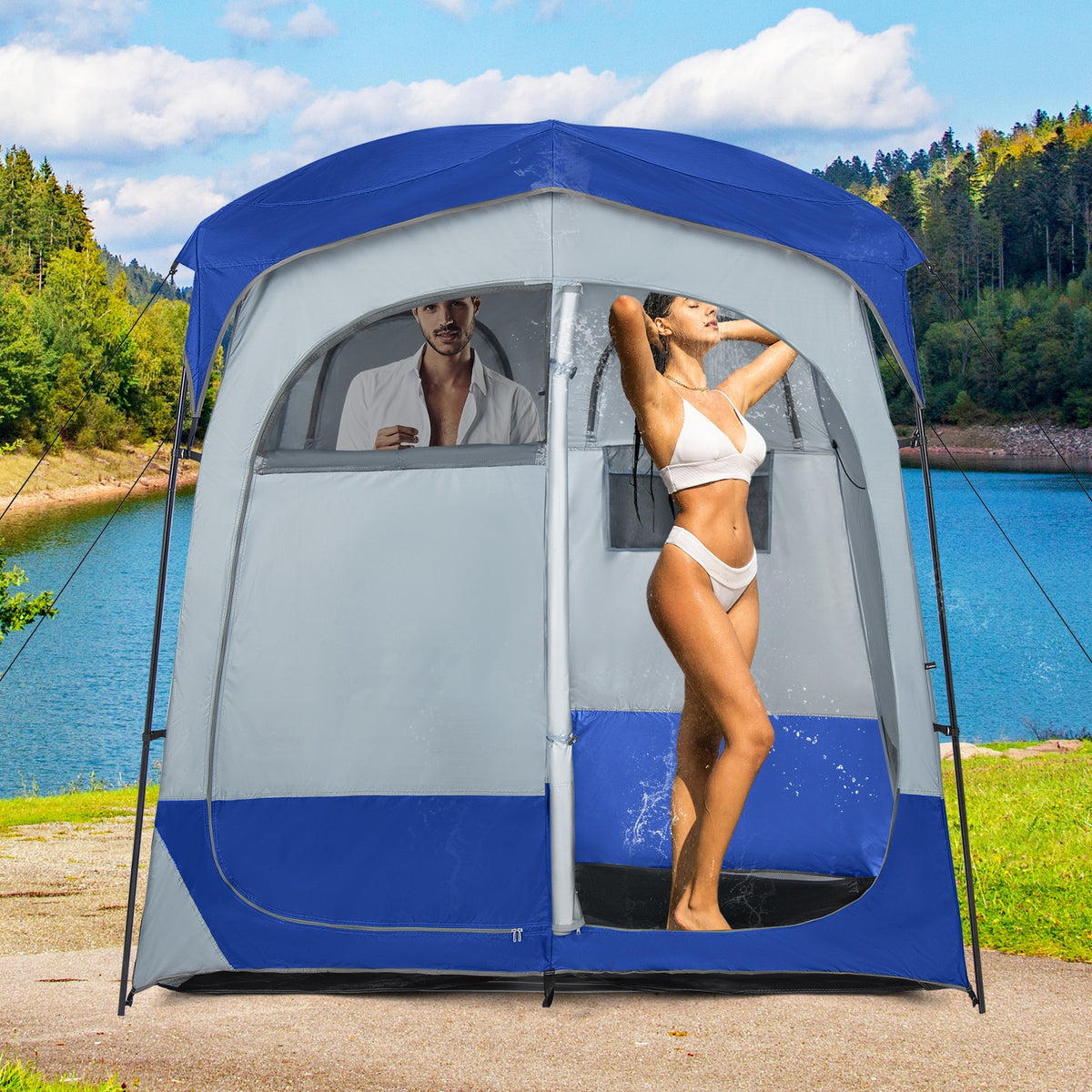 2 Rooms Oversize Privacy Shower Tent with Removable Rain Fly and Inside Pocket-Blue-Tents-DECOROLALA