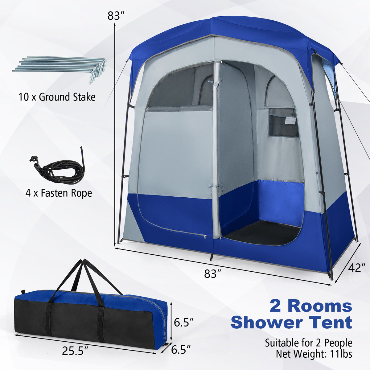 2 Rooms Oversize Privacy Shower Tent with Removable Rain Fly and Inside Pocket-Blue-Tents-DECOROLALA