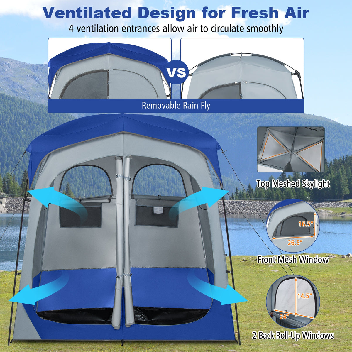2 Rooms Oversize Privacy Shower Tent with Removable Rain Fly and Inside Pocket-Blue-Tents-DECOROLALA
