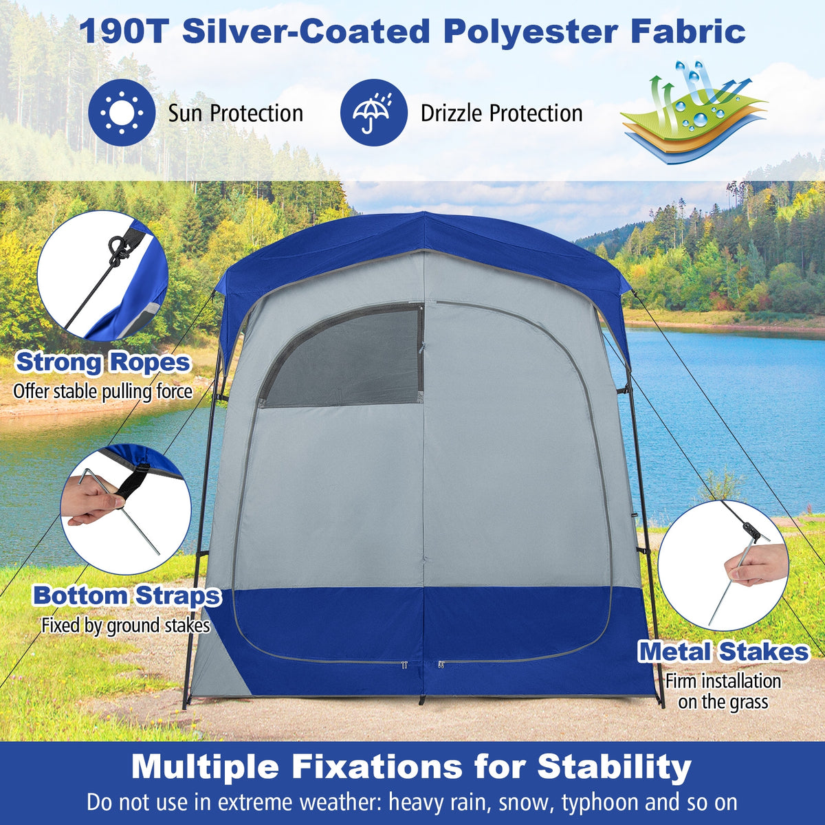 2 Rooms Oversize Privacy Shower Tent with Removable Rain Fly and Inside Pocket-Blue-Tents-DECOROLALA