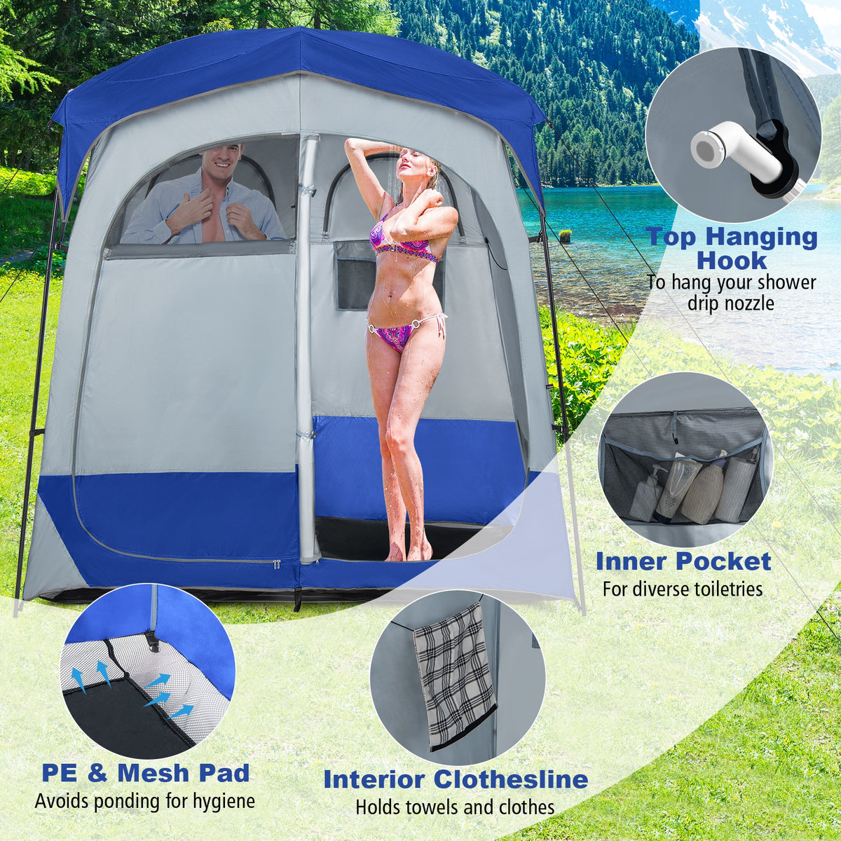 2 Rooms Oversize Privacy Shower Tent with Removable Rain Fly and Inside Pocket-Blue-Tents-DECOROLALA