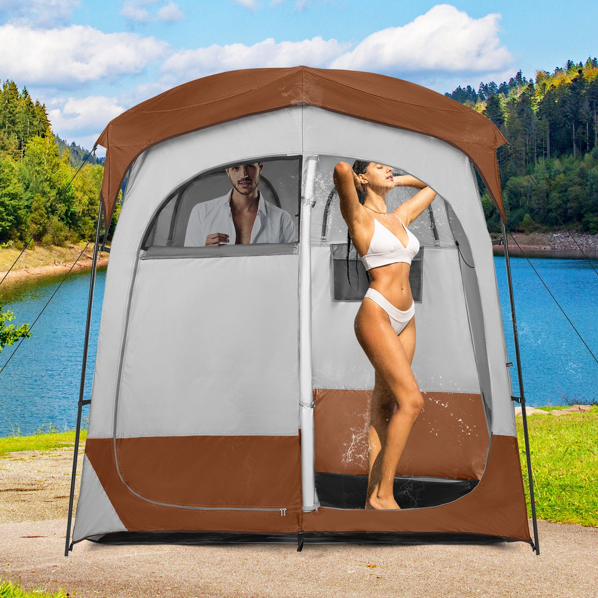 2 Rooms Oversize Privacy Shower Tent with Removable Rain Fly and Inside Pocket-Brown-Tents-DECOROLALA