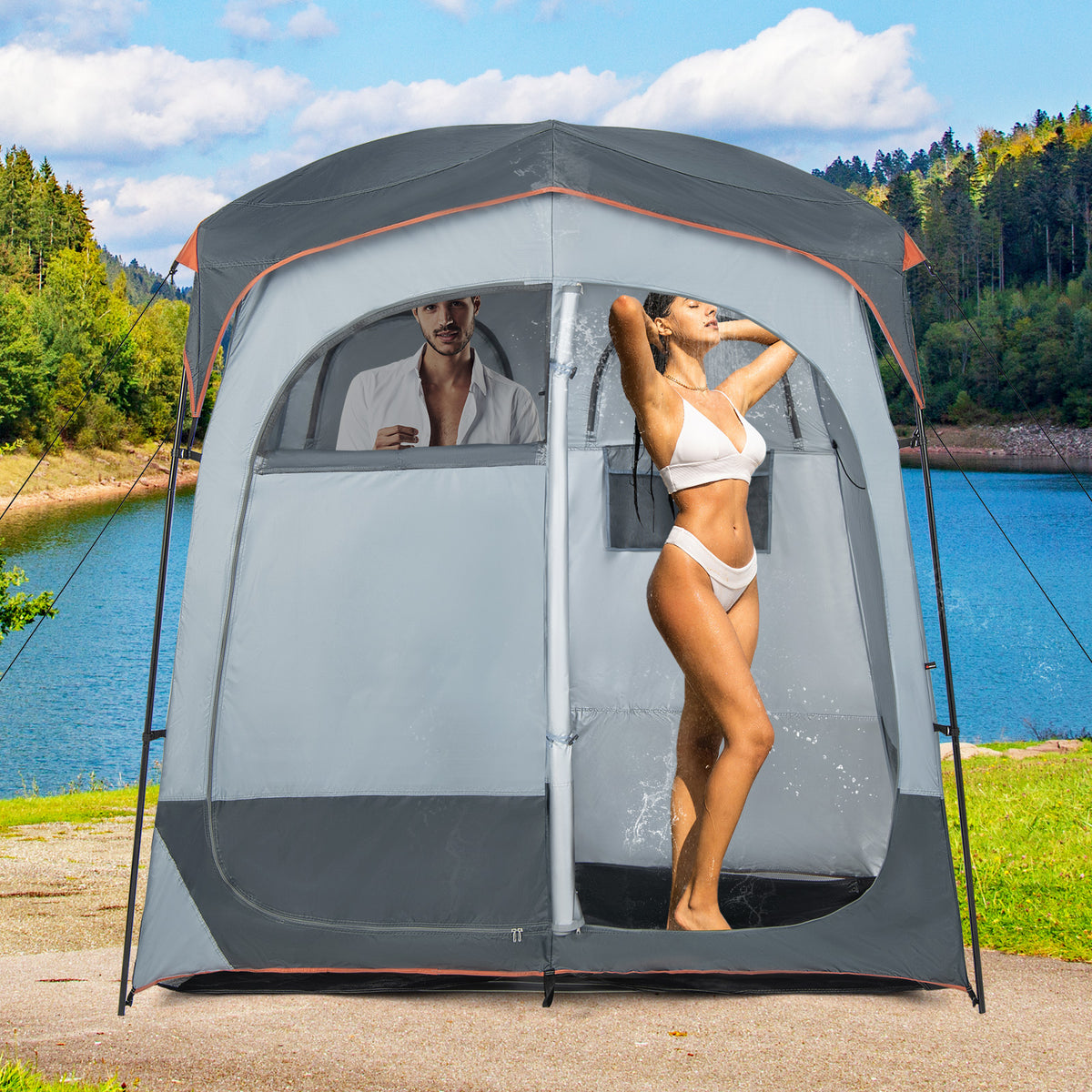 2 Rooms Oversize Privacy Shower Tent with Removable Rain Fly and Inside Pocket-Gray-Tents-DECOROLALA