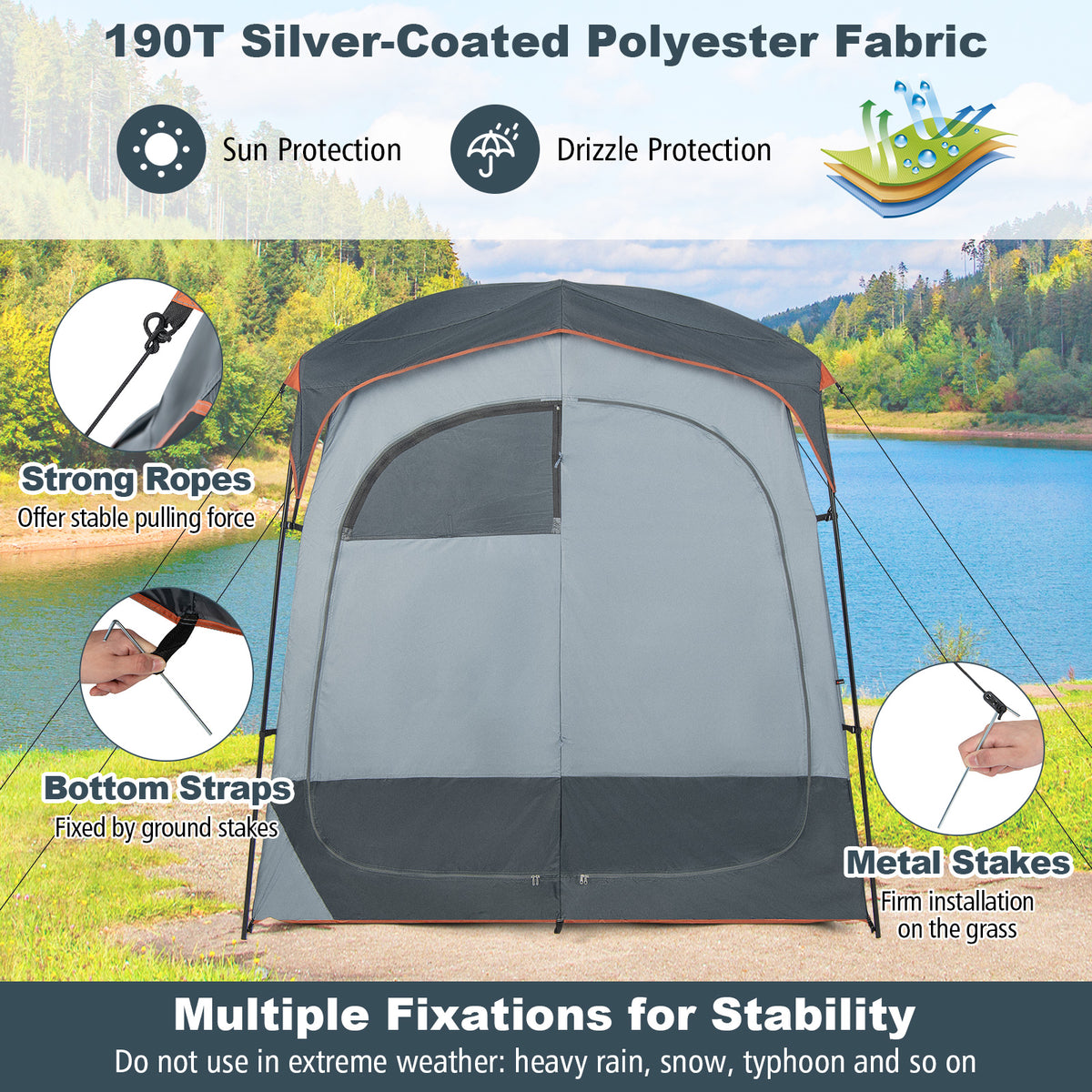 2 Rooms Oversize Privacy Shower Tent with Removable Rain Fly and Inside Pocket-Gray-Tents-DECOROLALA