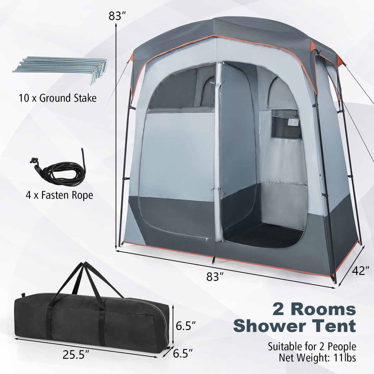 2 Rooms Oversize Privacy Shower Tent with Removable Rain Fly and Inside Pocket-Gray-Tents-DECOROLALA