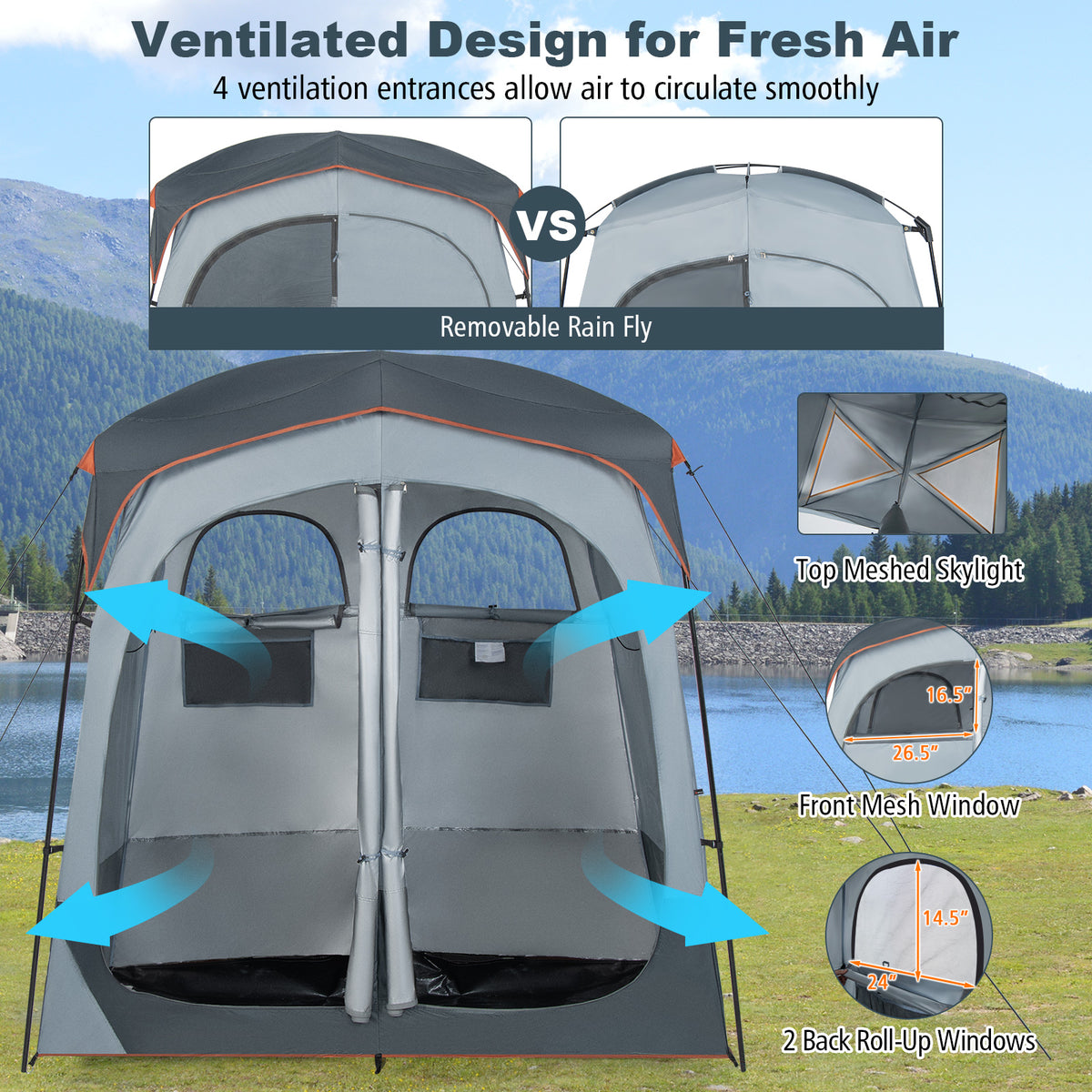 2 Rooms Oversize Privacy Shower Tent with Removable Rain Fly and Inside Pocket-Gray-Tents-DECOROLALA
