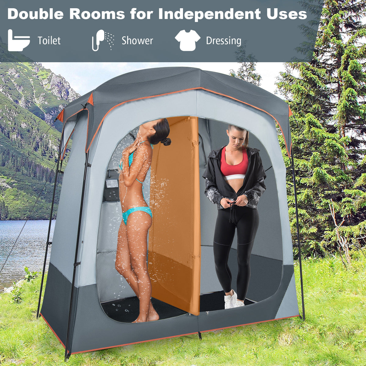 2 Rooms Oversize Privacy Shower Tent with Removable Rain Fly and Inside Pocket-Gray-Tents-DECOROLALA