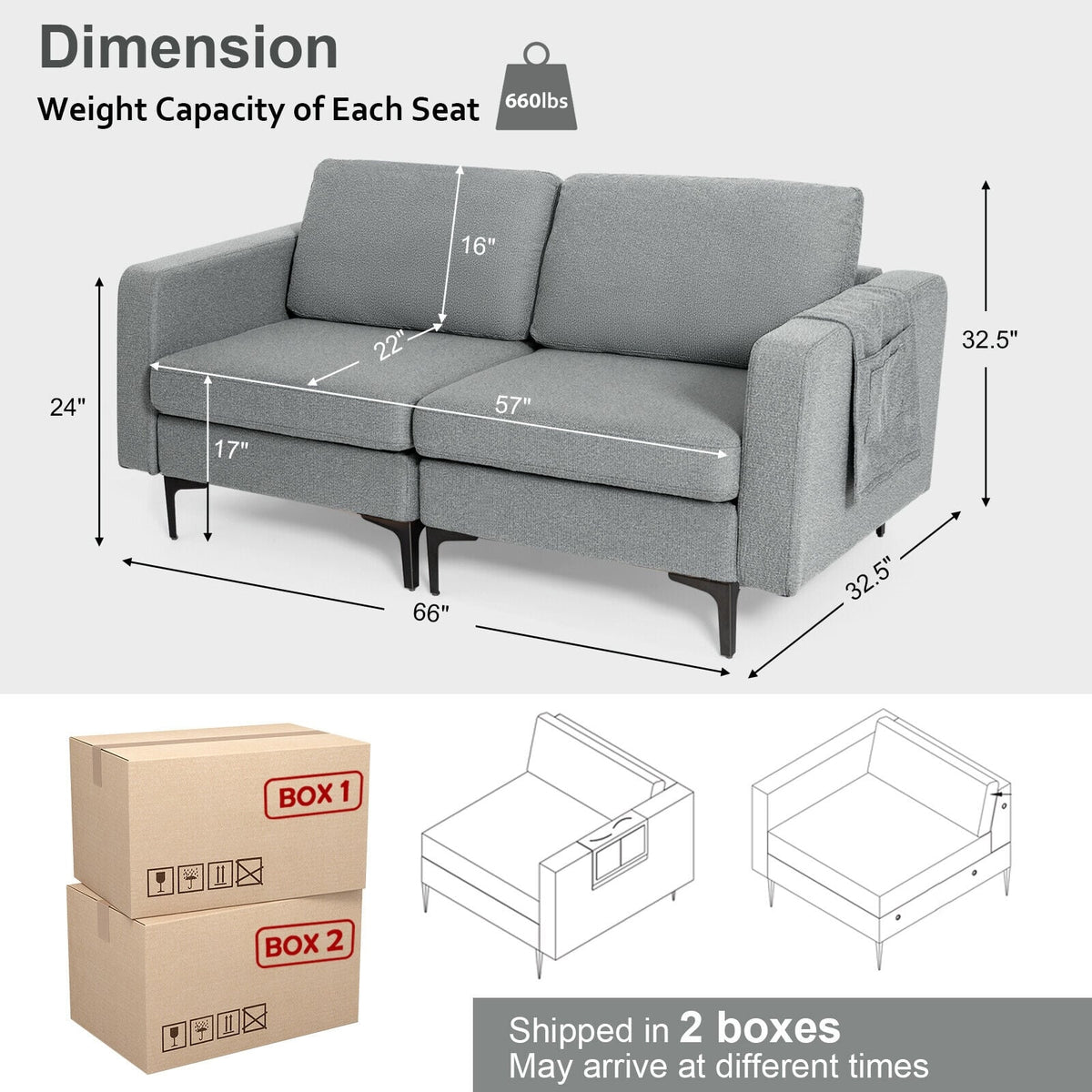 2-Seat Convertible Sectional Sofa with Reversible Ottoman - Dark Gray-Sofas & Loveseats-DECOROLALA