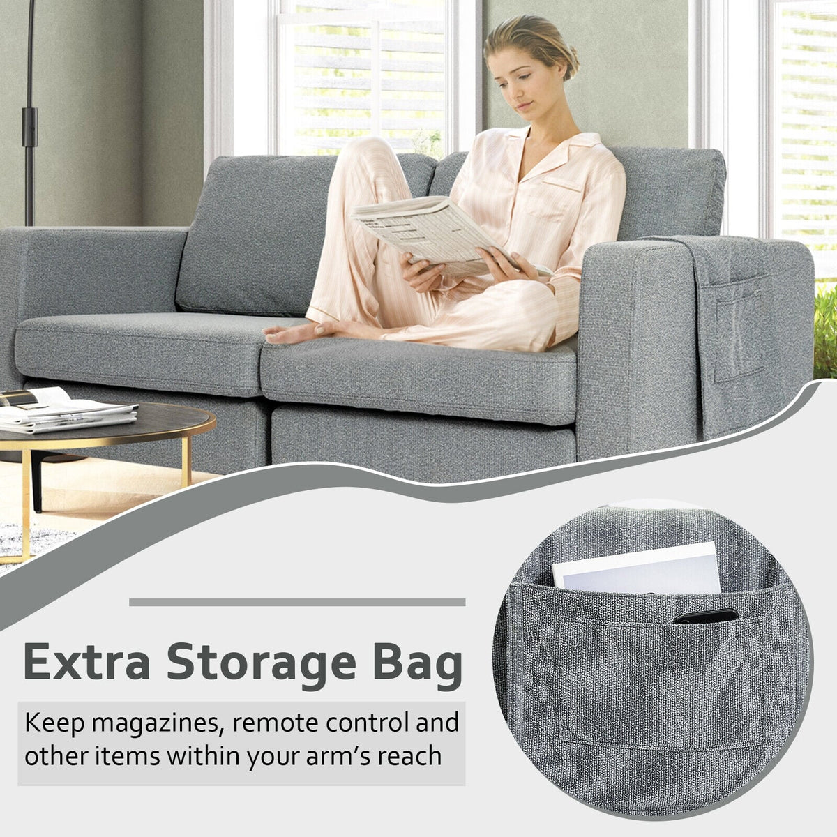 2-Seat Convertible Sectional Sofa with Reversible Ottoman - Dark Gray-Sofas & Loveseats-DECOROLALA