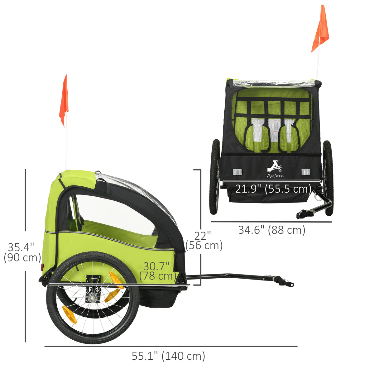 2-Seat Kids Bike Trailer - Green 20" Wheels 5-Point Harness-Kids Bicycle Trailers-DECOROLALA