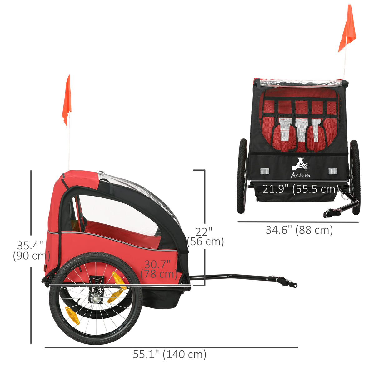 2-Seat Kids Bike Trailer - Red 20" Wheels 5-Point Harness-Kids Bicycle Trailers-DECOROLALA