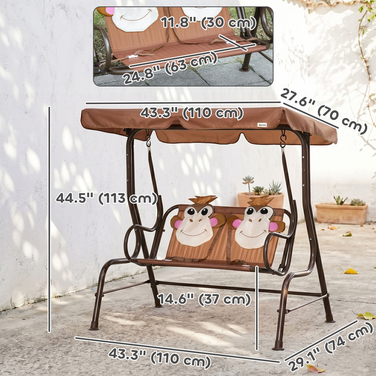 2-Seat Kids Porch Swing Chair, Children Outdoor Patio Furniture Lounge Chair for Garden, with Adjustable Canopy, Seat Belt, Monkey Pattern, for 3-6 Years Old, Coffee-Toys & Games > Kids Outdoor Play > Gym Sets & Swings-DECOROLALA