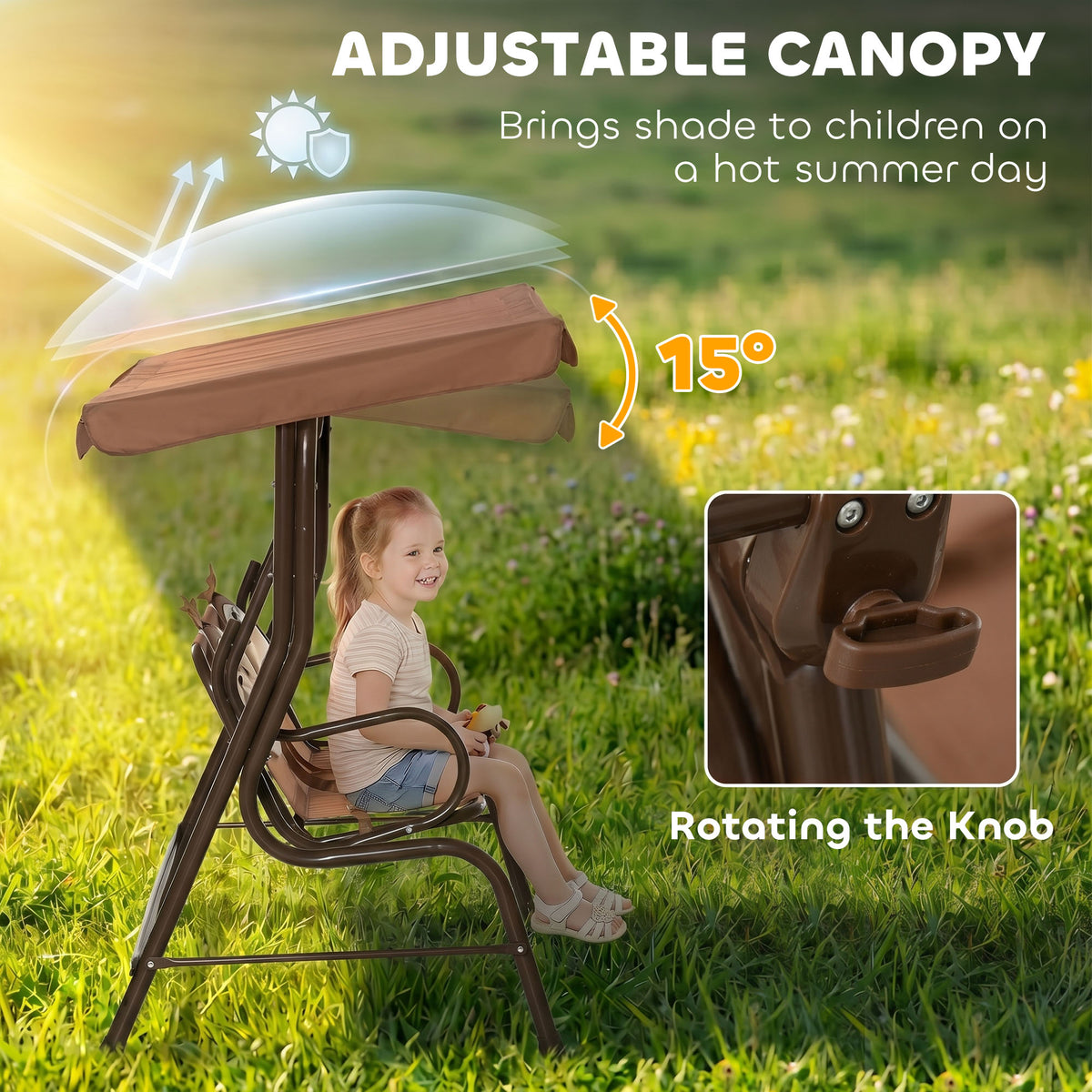 2-Seat Kids Porch Swing Chair with Canopy - Coffee-Toys & Games > Kids Outdoor Play > Gym Sets & Swings-DECOROLALA