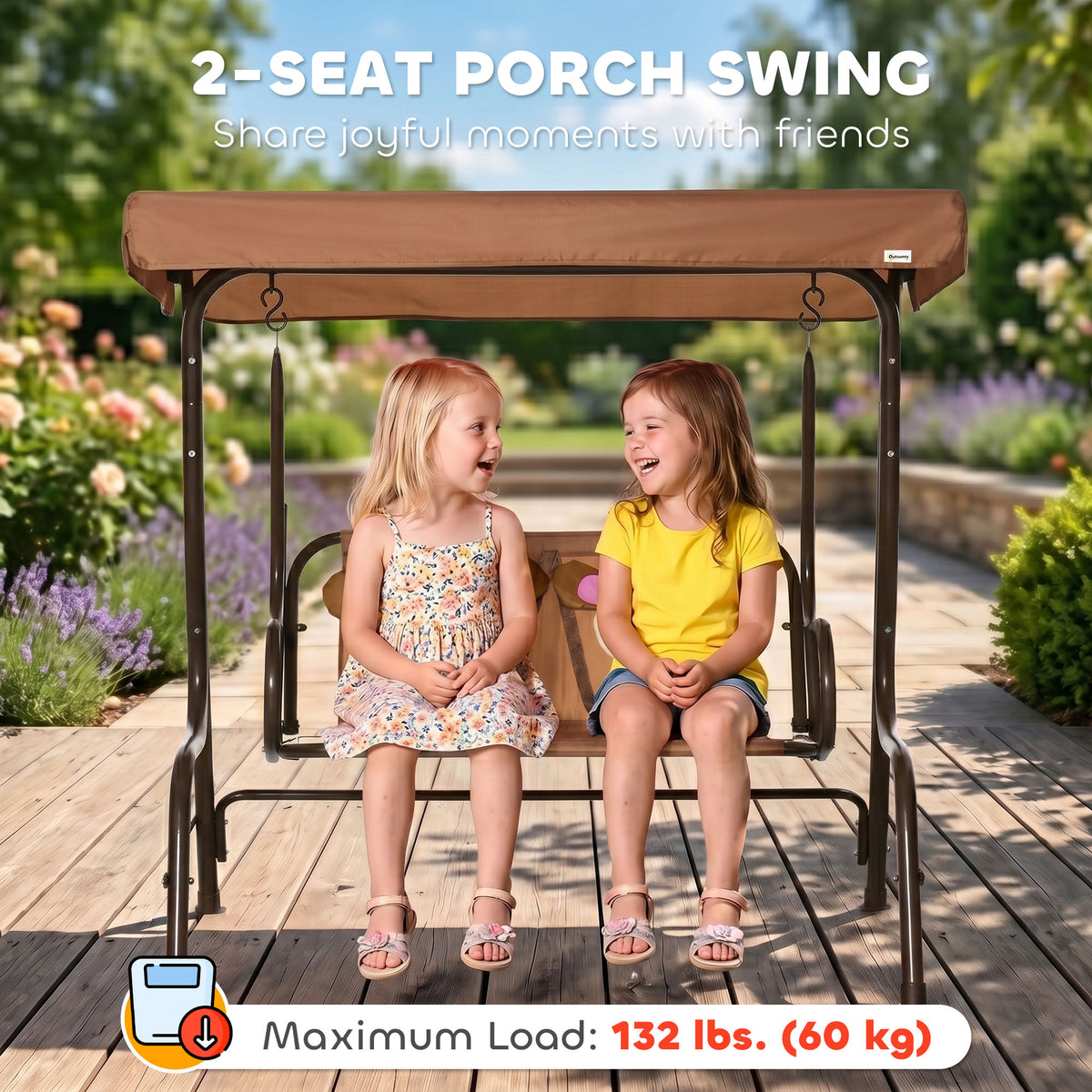 2-Seat Kids Porch Swing Chair with Canopy - Coffee-Toys & Games > Kids Outdoor Play > Gym Sets & Swings-DECOROLALA