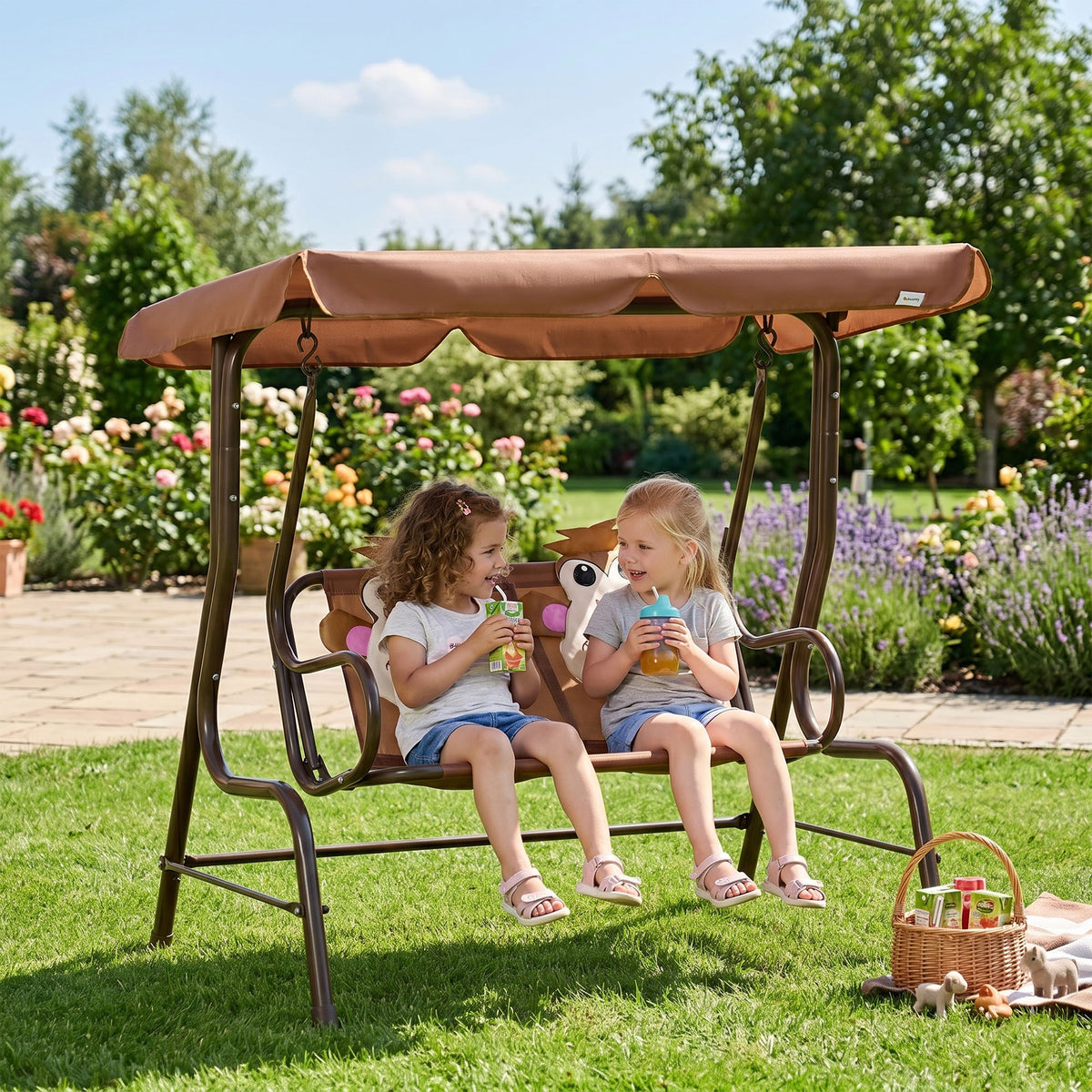 2-Seat Kids Porch Swing Chair with Canopy - Coffee-Toys & Games > Kids Outdoor Play > Gym Sets & Swings-DECOROLALA