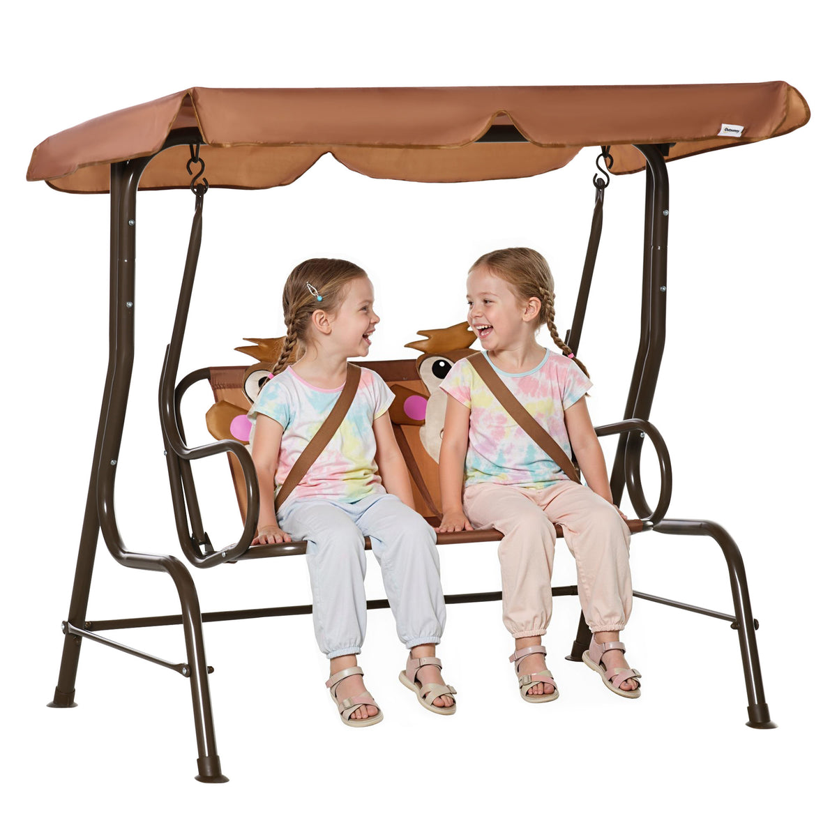 2-Seat Kids Porch Swing Chair, Children Outdoor Patio Furniture Lounge Chair for Garden, with Adjustable Canopy, Seat Belt, Monkey Pattern, for 3-6 Years Old, Coffee-Toys & Games > Kids Outdoor Play > Gym Sets & Swings-DECOROLALA