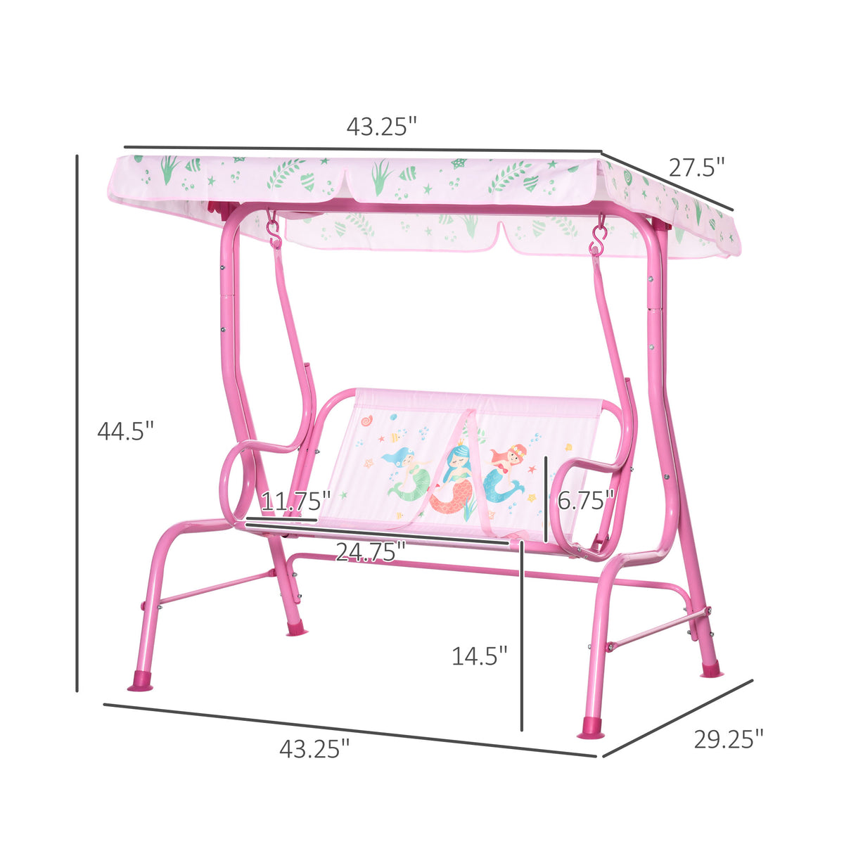 2-Seat Kids Porch Swing Chair, Children Outdoor Patio Furniture Lounge Chair for Garden, with Adjustable Canopy, Seat Belt, Mermaid Pattern, for 3-6 Years Old, Pink-Toys & Games > Kids Outdoor Play > Gym Sets & Swings-DECOROLALA