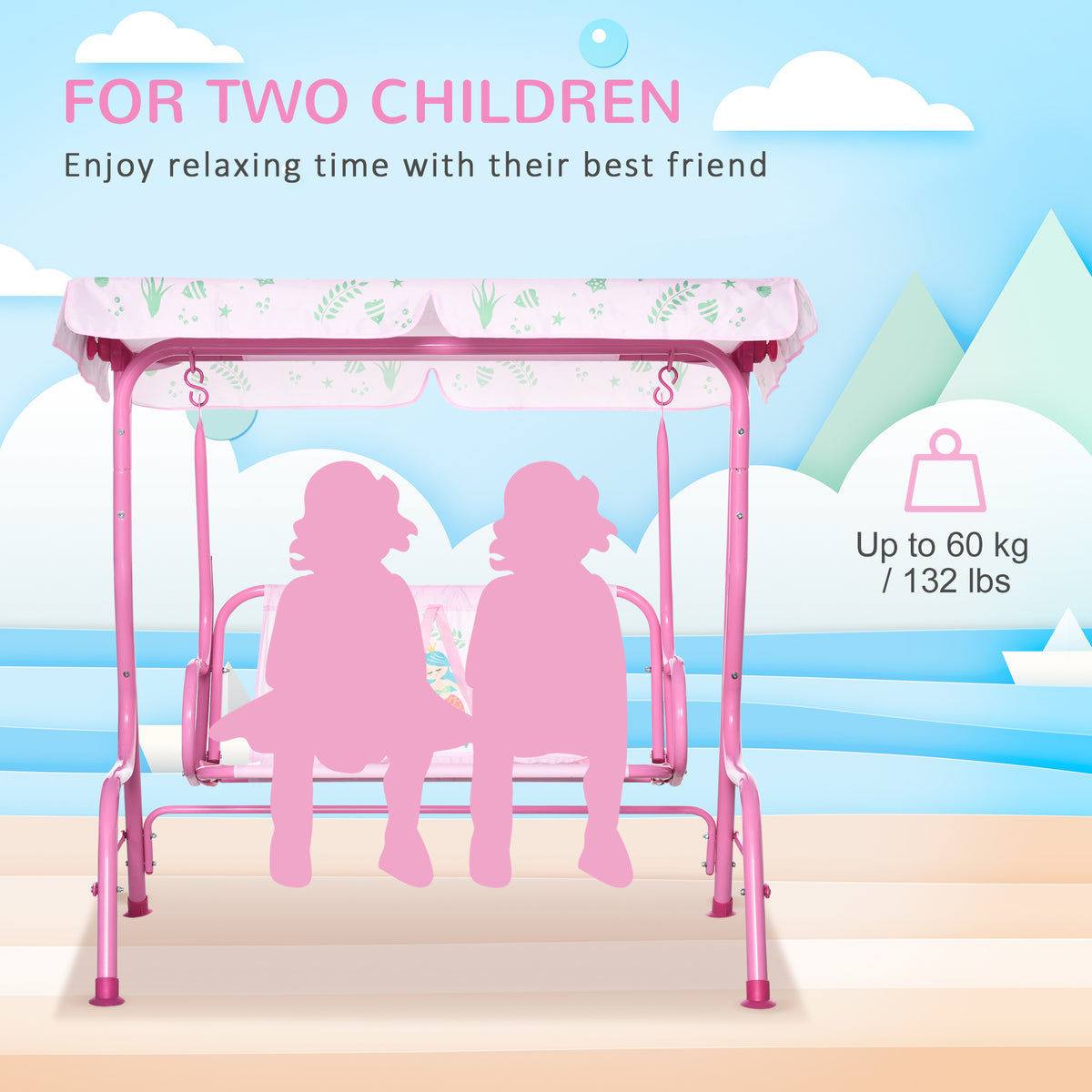 2-Seat Kids Porch Swing Chair with Canopy - Pink, 3-6 Years-Toys & Games > Kids Outdoor Play > Gym Sets & Swings-DECOROLALA